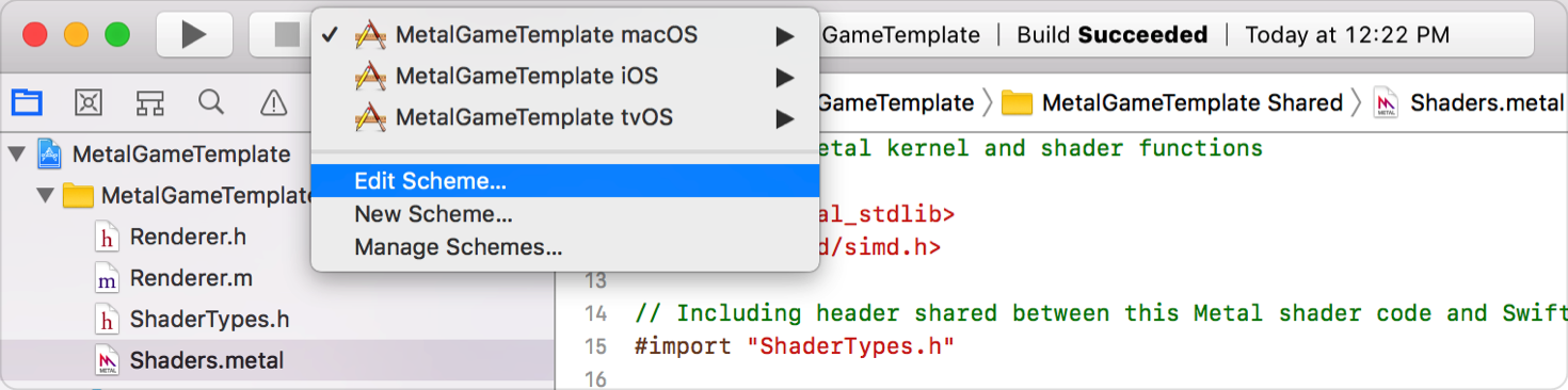 An Xcode screenshot that shows the scheme menu.