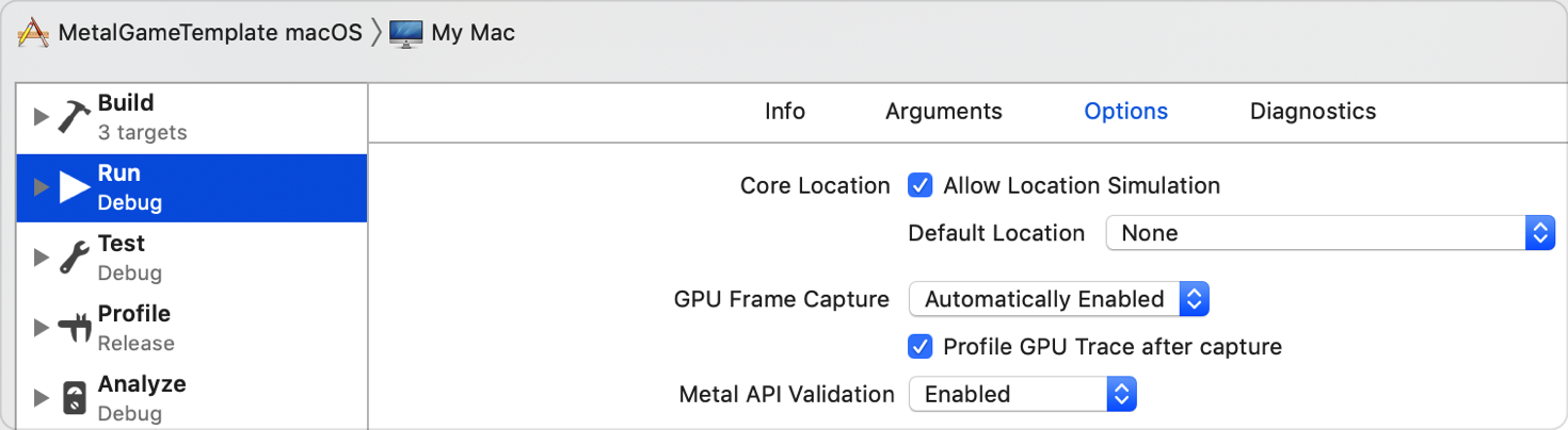 An Xcode screenshot that shows the scheme editor, scheme actions, scheme options, and Metal tools.